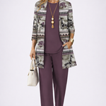 Women’s plum 3-piece outfit set: patterned open jacket, solid top, matching pants