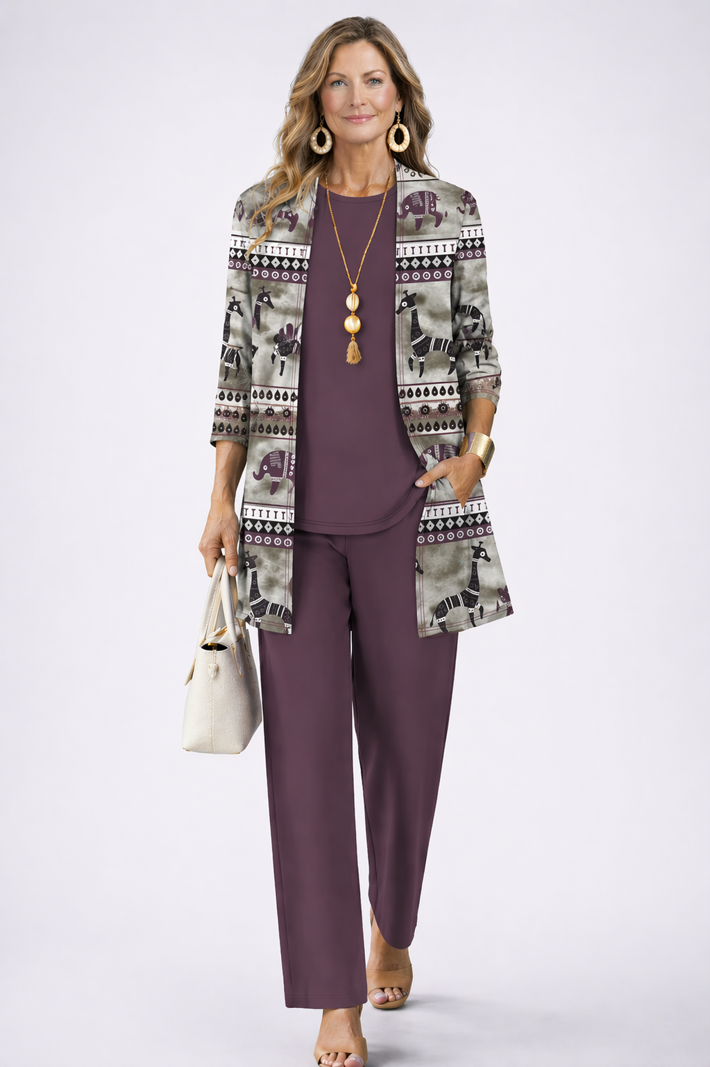 Women’s plum 3-piece outfit set: patterned open jacket, solid top, matching pants
