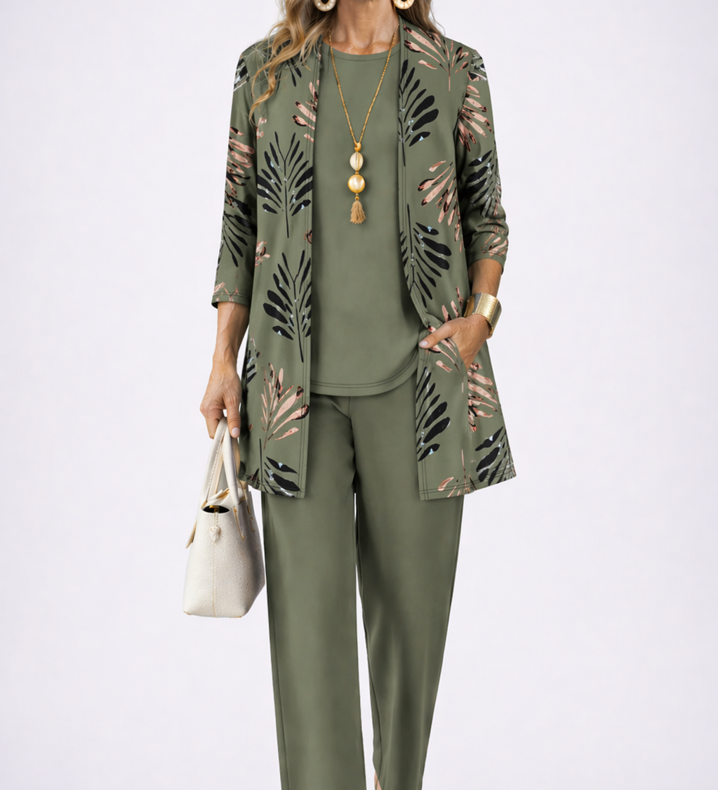 3-piece outfit set in olive green: kimono-style jacket, top, and tapered pants