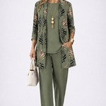 3-piece outfit set in olive green: kimono-style jacket, top, and tapered pants