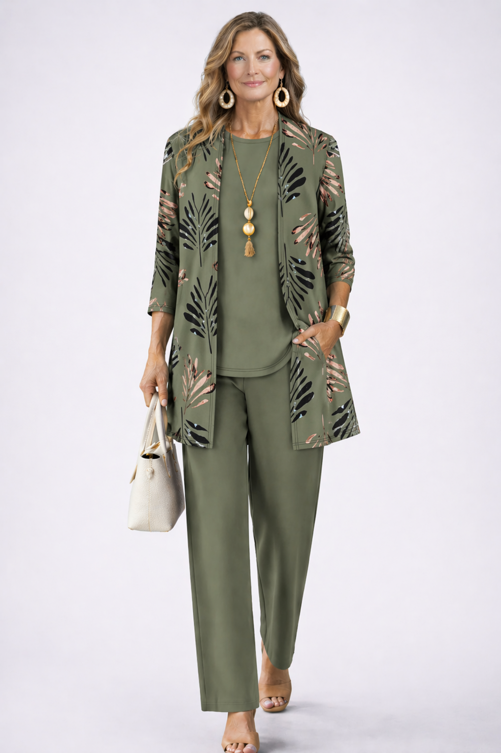 3-piece outfit set in olive green: kimono-style jacket, top, and tapered pants