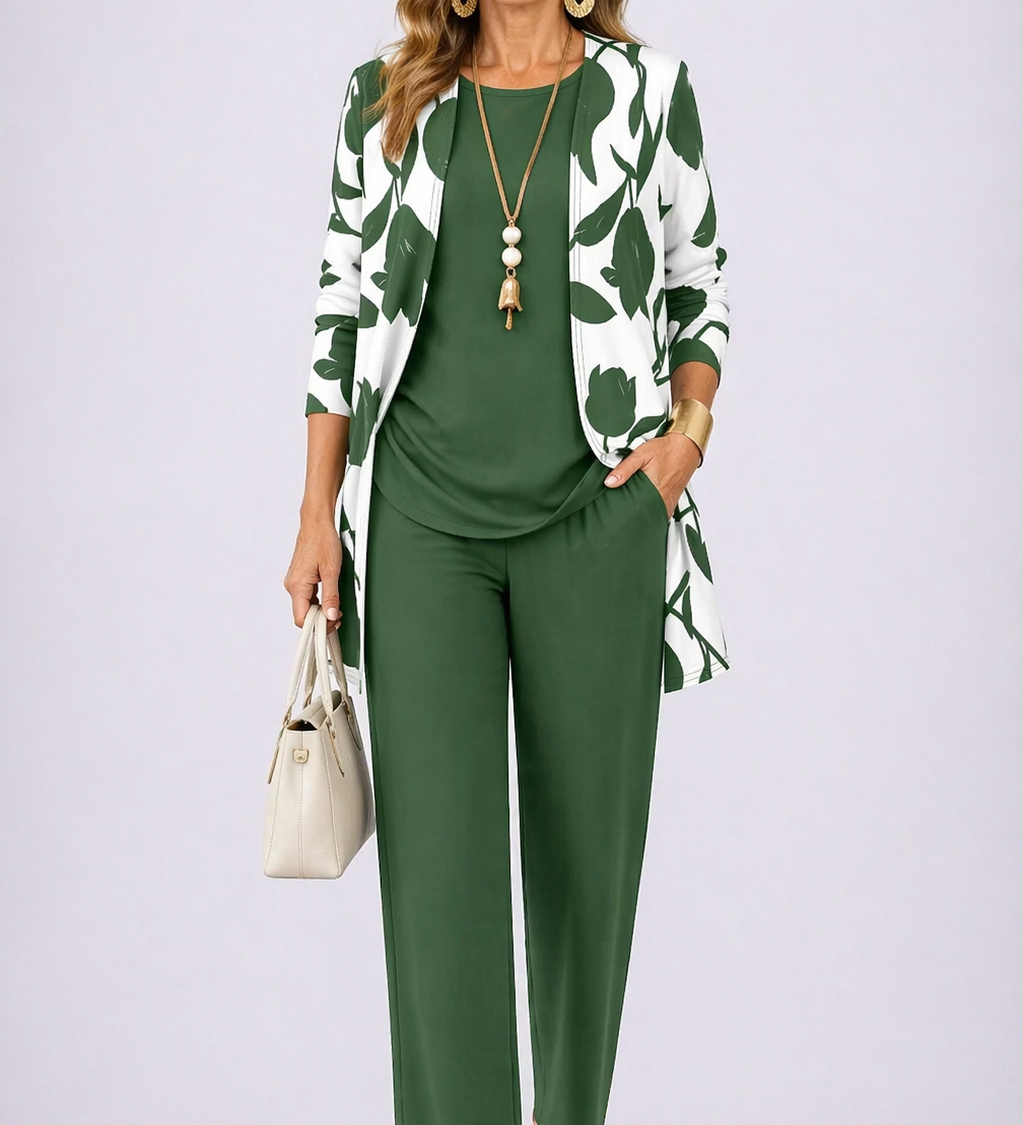 Three-piece outfit set: green top and pants with white-and-green leaf cardigan.