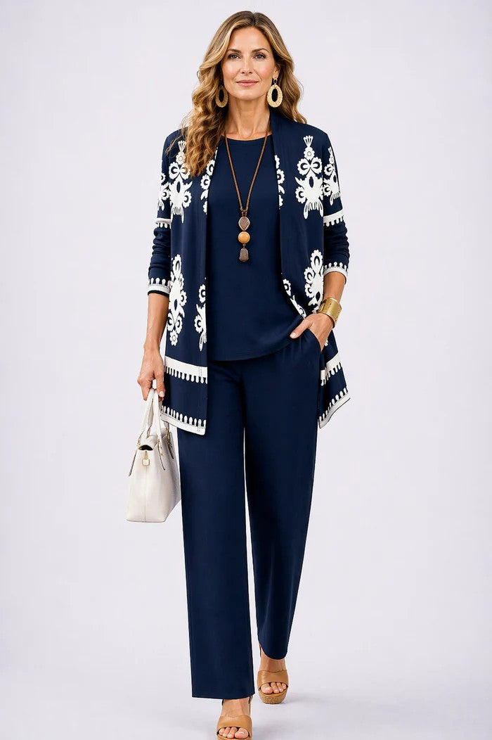 3-piece outfit set in navy: embroidered cardigan, solid top, and straight ankle pants