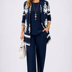 3-piece outfit set in navy: embroidered cardigan, solid top, and straight ankle pants