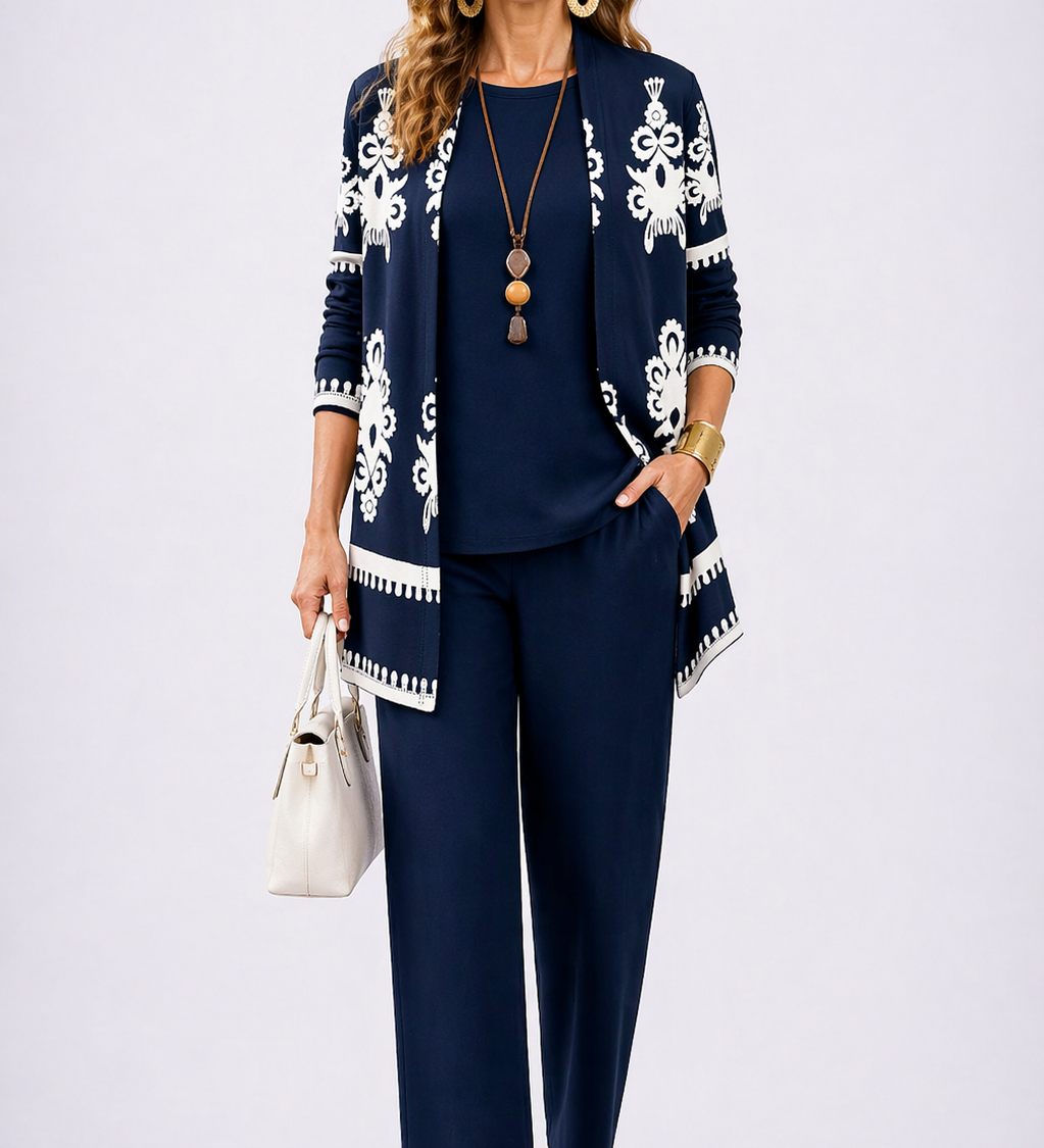 Carol 3-piece set: navy long cardigan with white print, navy top and trousers