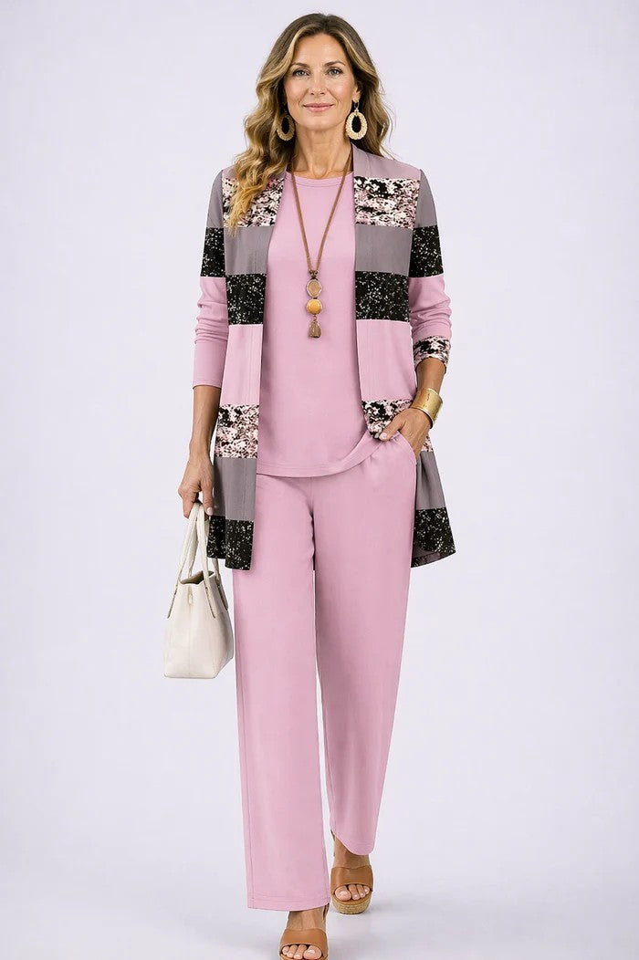 3-piece outfit set in dusty pink: long cardigan with patchwork, top, and slim pants