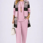 3-piece outfit set in dusty pink: long cardigan with patchwork, top, and slim pants