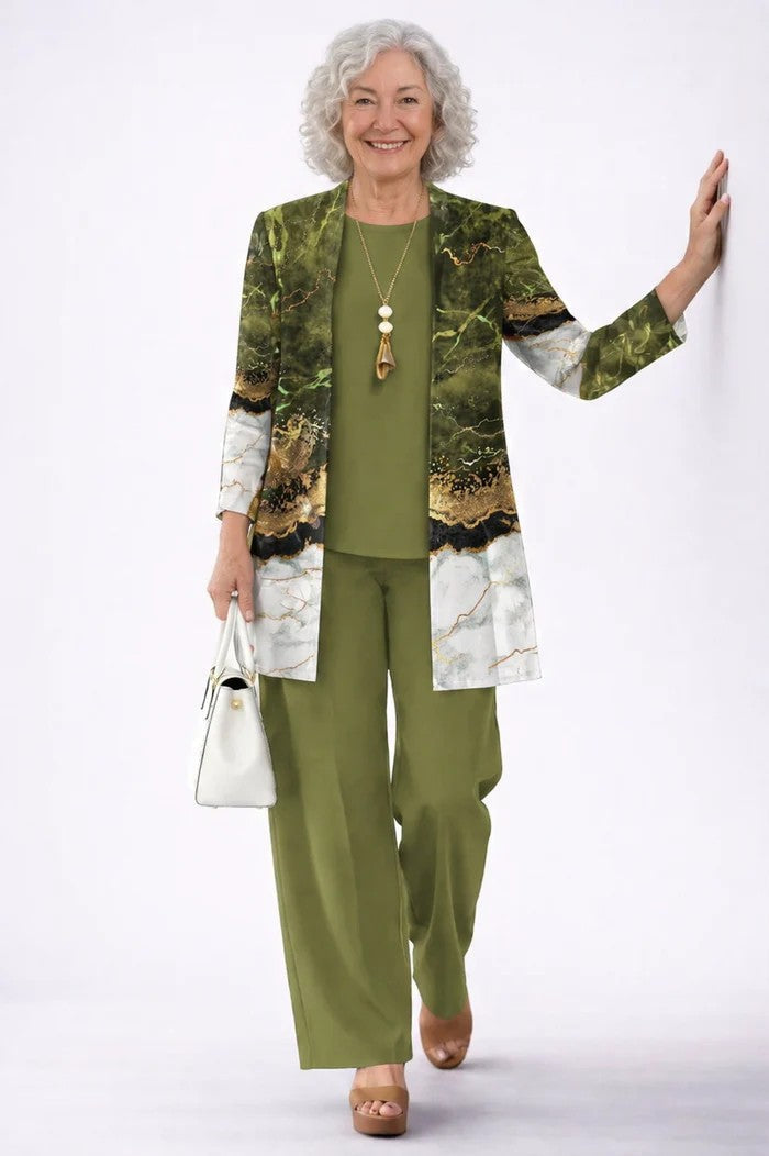 Margaret printed 3-piece set: olive cardigan with gold trim, olive top and pants