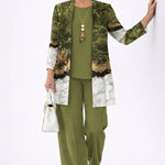 Margaret printed 3-piece set: olive cardigan with gold trim, olive top and pants