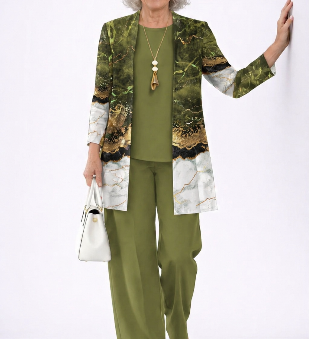 Debora 3-piece women's olive-green outfit: open jacket, matching pants, camisole top