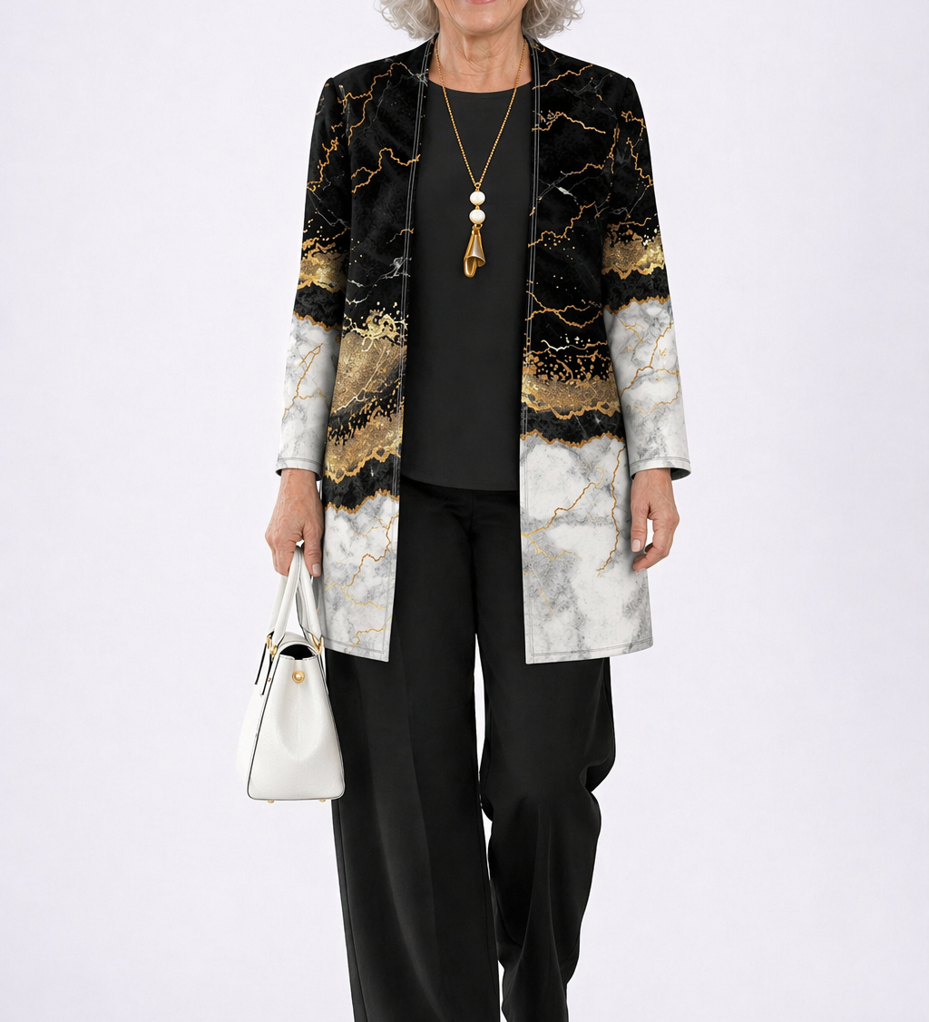 3-piece womens set: black and gold marble long jacket, black top, black pants