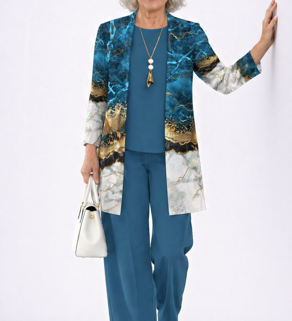 3-piece set with marbled blue-and-gold kimono jacket, teal top and matching pants