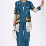 3-piece set with marbled blue-and-gold kimono jacket, teal top and matching pants