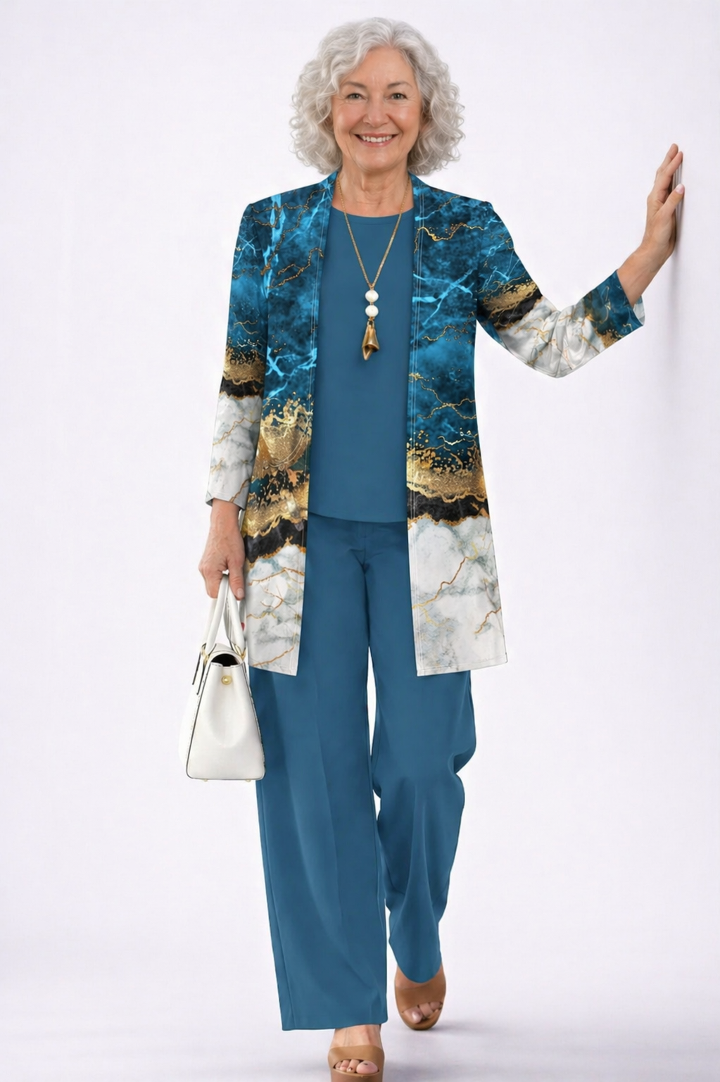 3-piece set with marbled blue-and-gold kimono jacket, teal top and matching pants