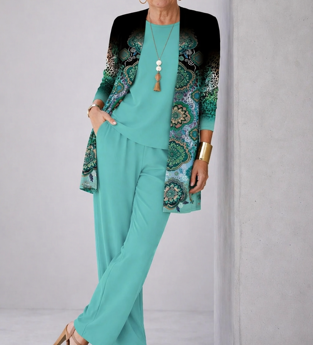 Gillian 3-piece set in turquoise: long pants with open patterned cardigan and necklace