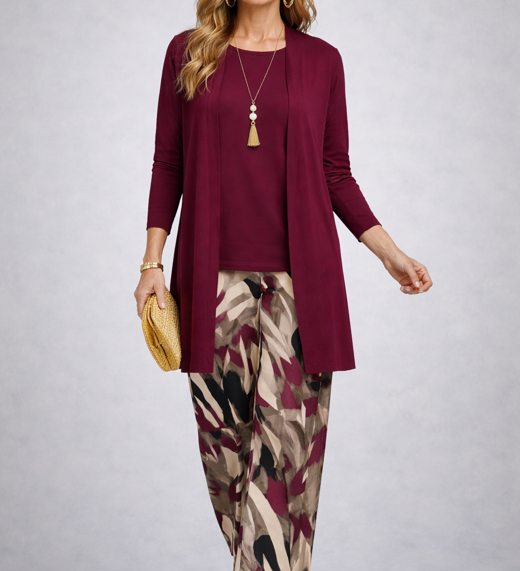Fiamma 3-piece set: maroon long cardigan over maroon top with patterned wide-leg pants