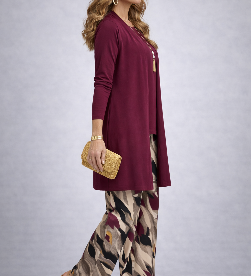 Fiamma 3-piece set with maroon long cardigan, maroon top, and abstract print wide-leg pants