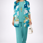 Three-piece teal set with printed longline jacket, tank top, and wide-leg pants