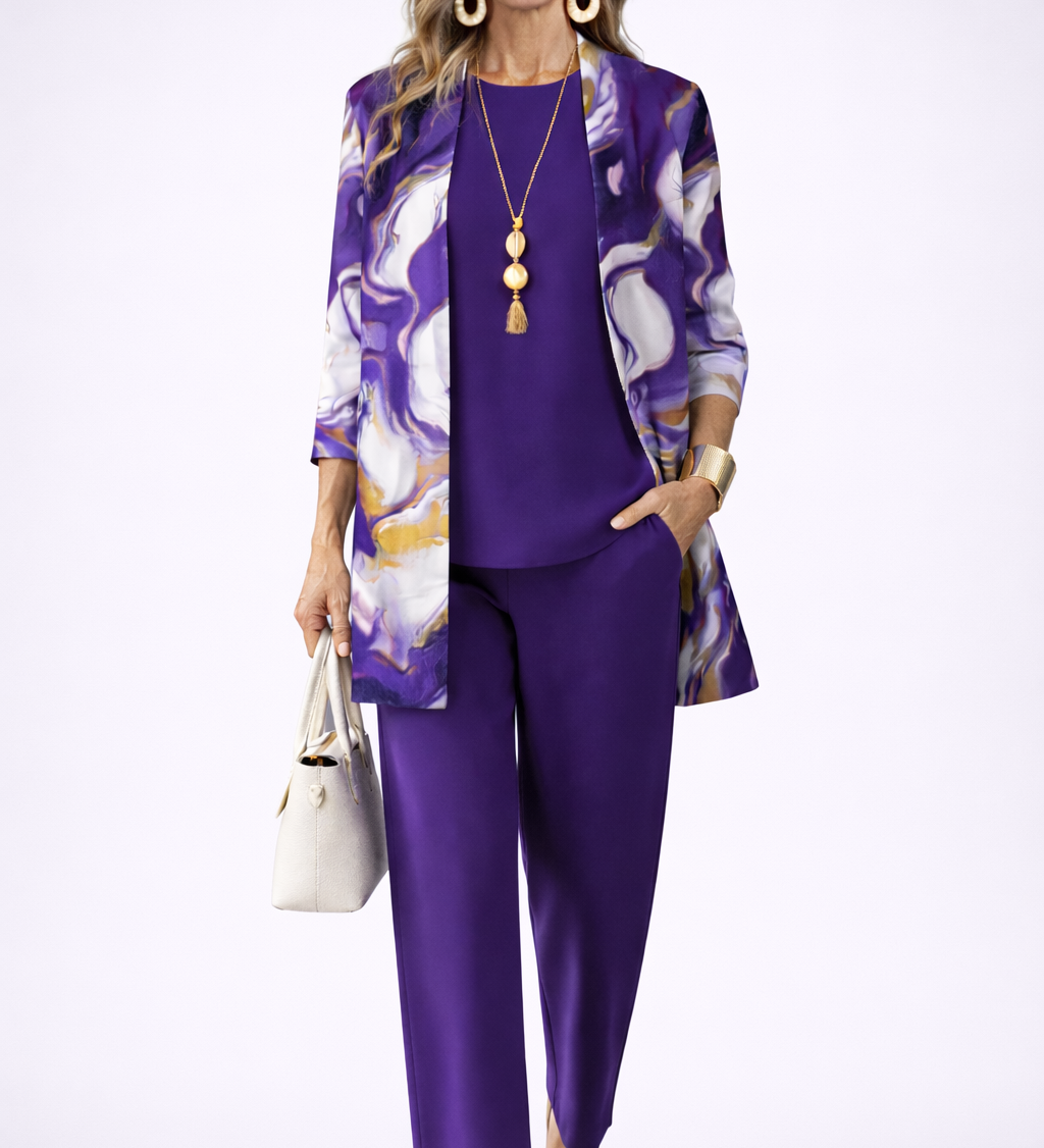 Gavina 3-piece set: purple sleeveless top, wide-leg pants, printed open cardigan