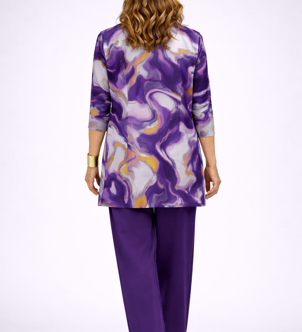3-piece set back view: printed open cardigan over purple pants