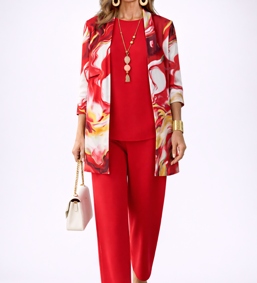 Gelsey 3-piece set in red: blouse, wide-leg pants, patterned jacket