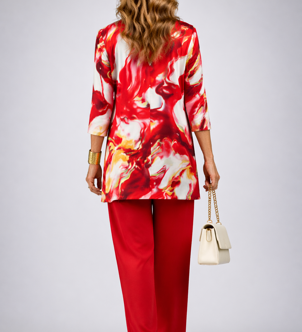 Gelsey 3-piece set in red: patterned blouse top and jacket, matching pants