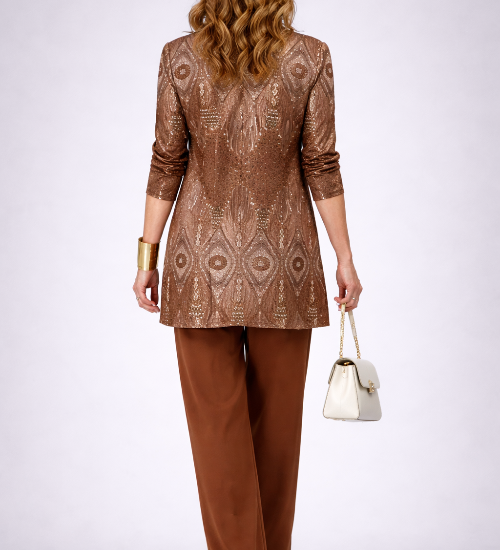 Glenna 3-piece set: back view sequin blazer over brown trousers