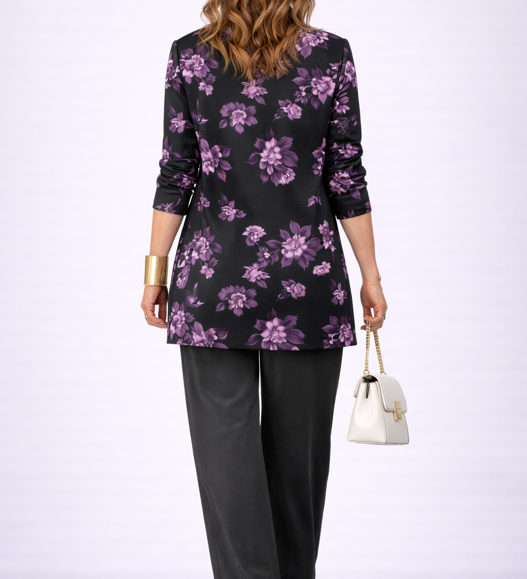 Helia 3-piece set with black floral cardigan and black pants, back view