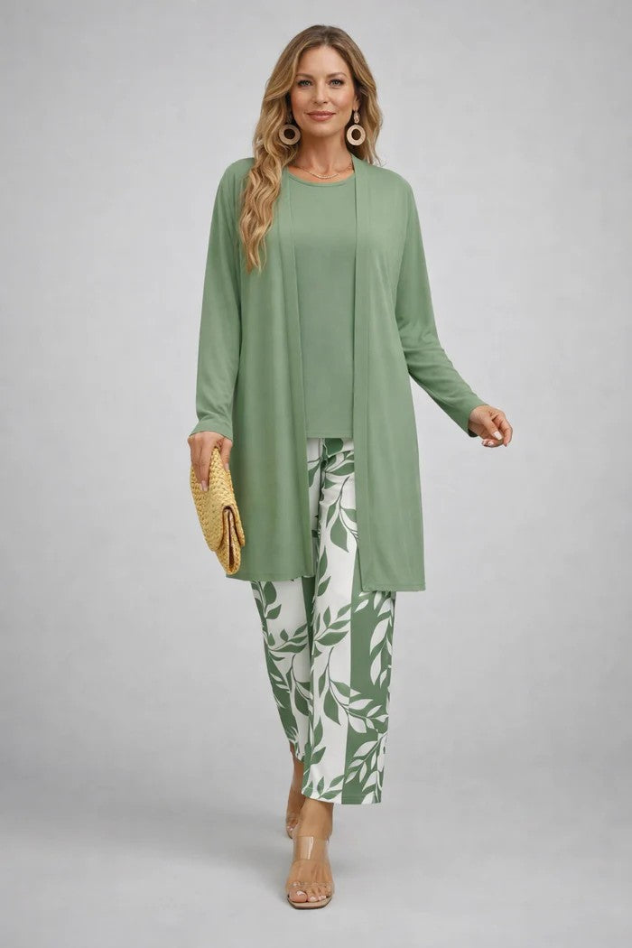3-piece outfit set in sage green: long cardigan, top, and leaf print pants