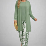 3-piece outfit set in sage green: long cardigan, top, and leaf print pants
