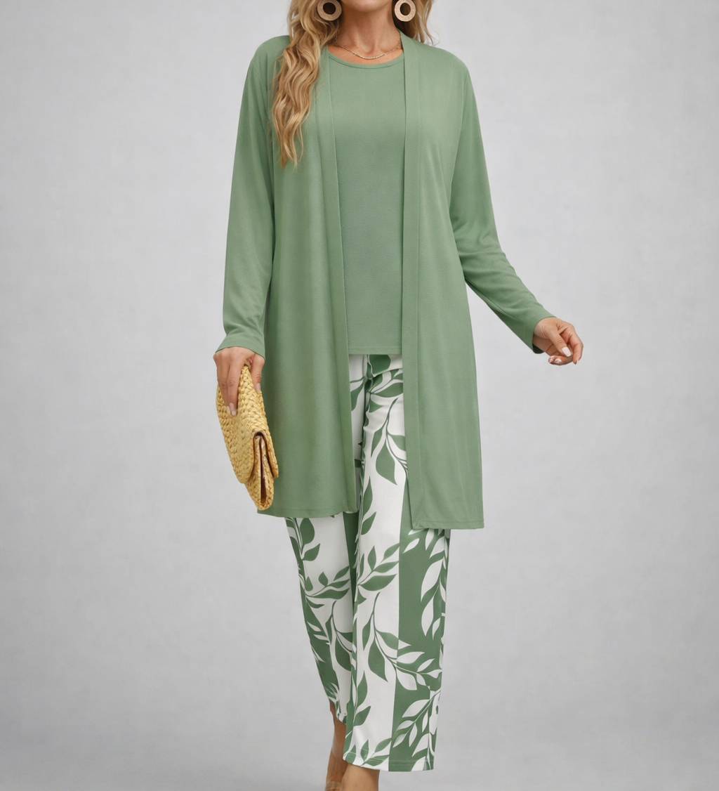 Eirwen 3-piece set with sage green long tunic and white leaf-print pants