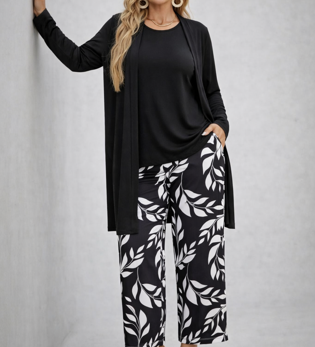 Eponine 3-piece set: black top, open duster, and leaf-print wide-leg pants