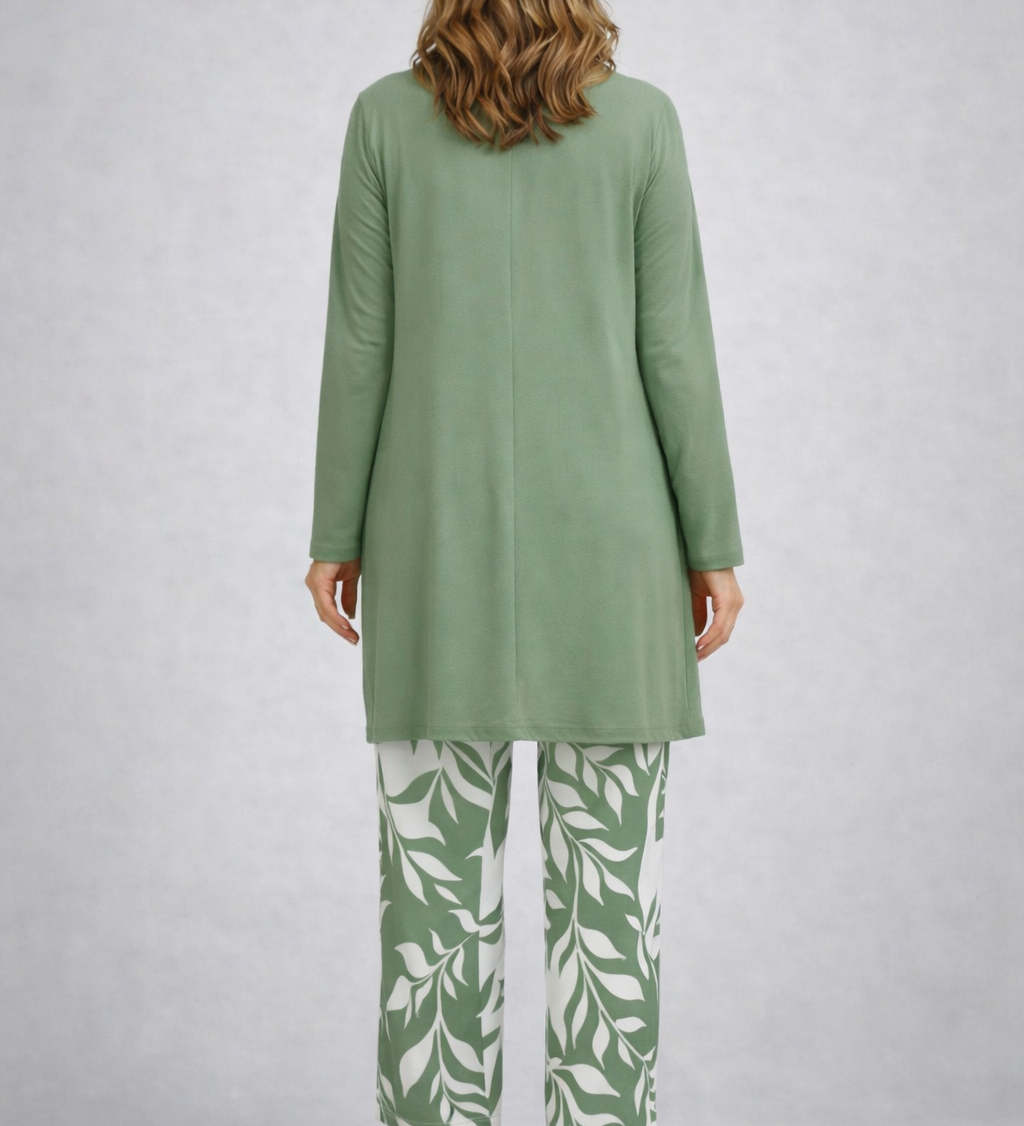 Eirwen 3-piece set, back view: sage green tunic over leaf-print pants