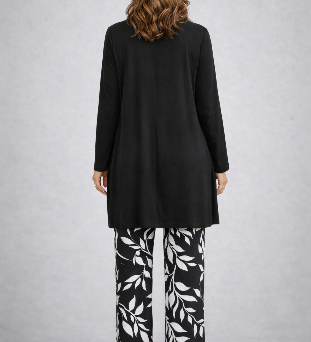 Eponine 3-piece set: black long tunic with 3/4 sleeves and leaf-print wide-leg pants