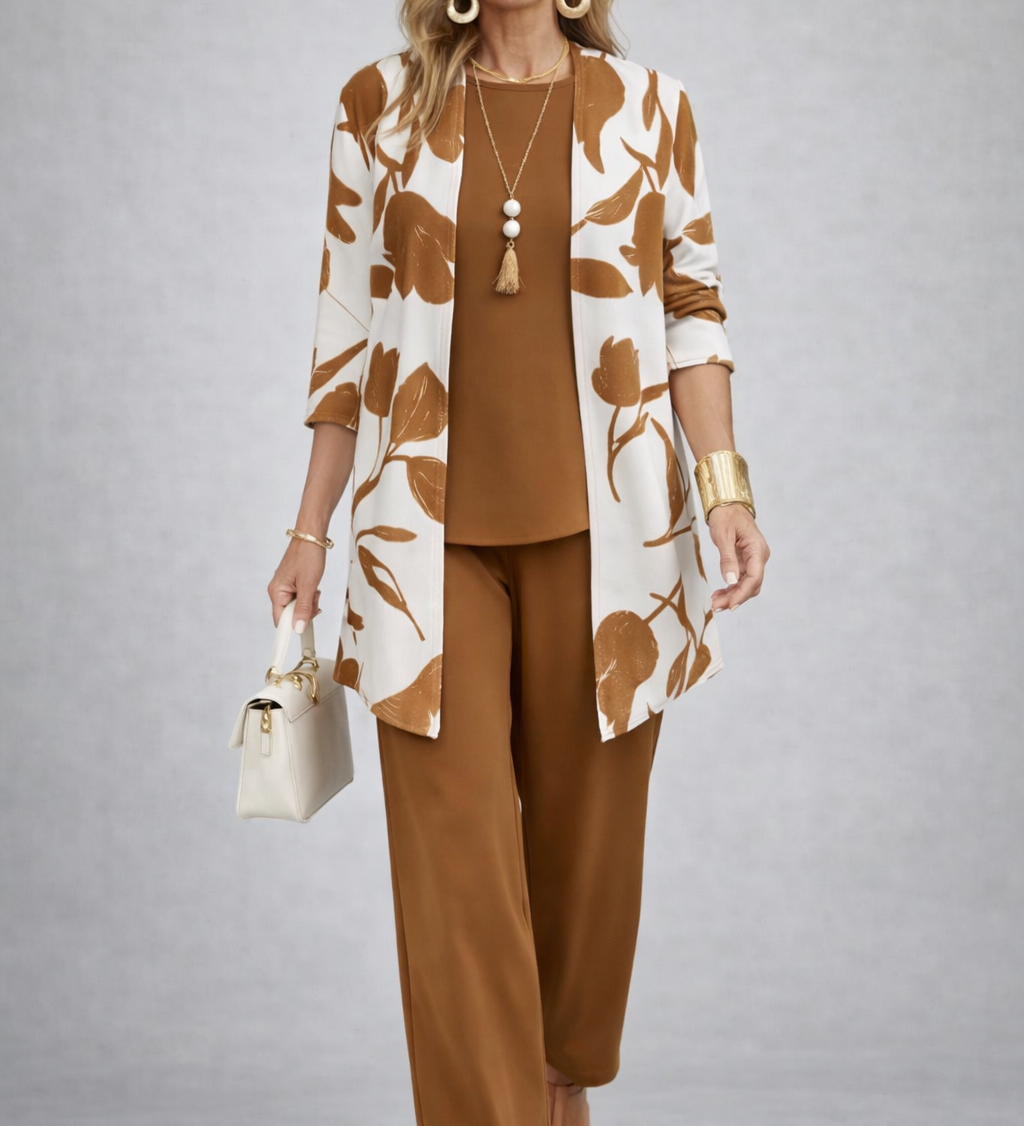 Esmeray 3-piece set with leaf print cardigan, brown top and trousers