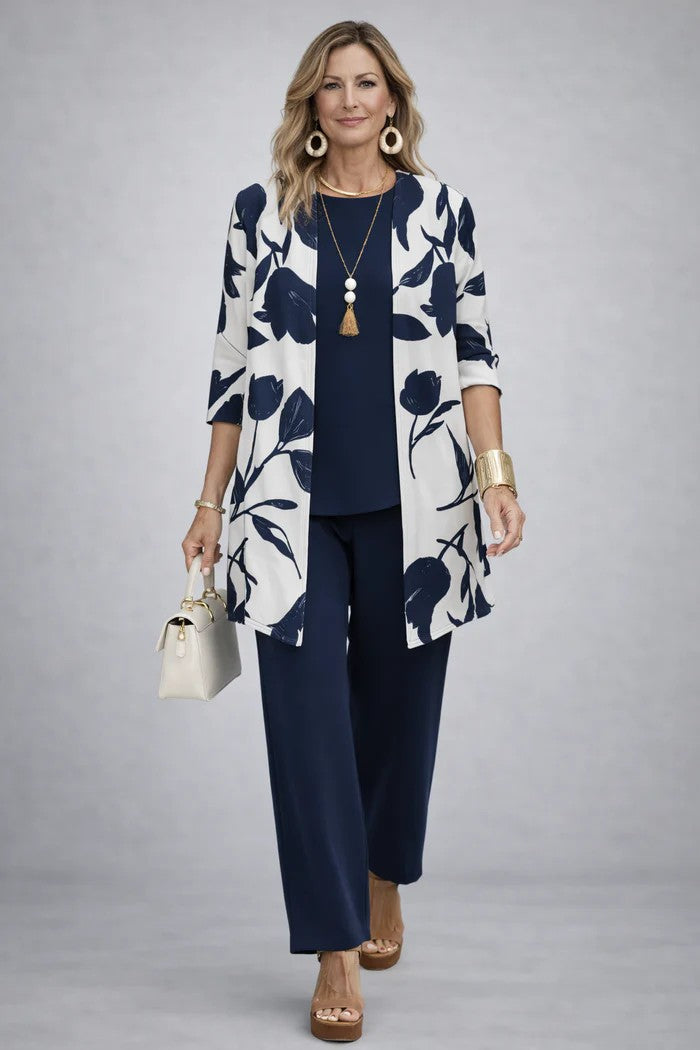 3-piece outfit set in navy: open-front leaf print kimono, top, and wide-leg pants