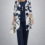 3-piece outfit set in navy: open-front leaf print kimono, top, and wide-leg pants