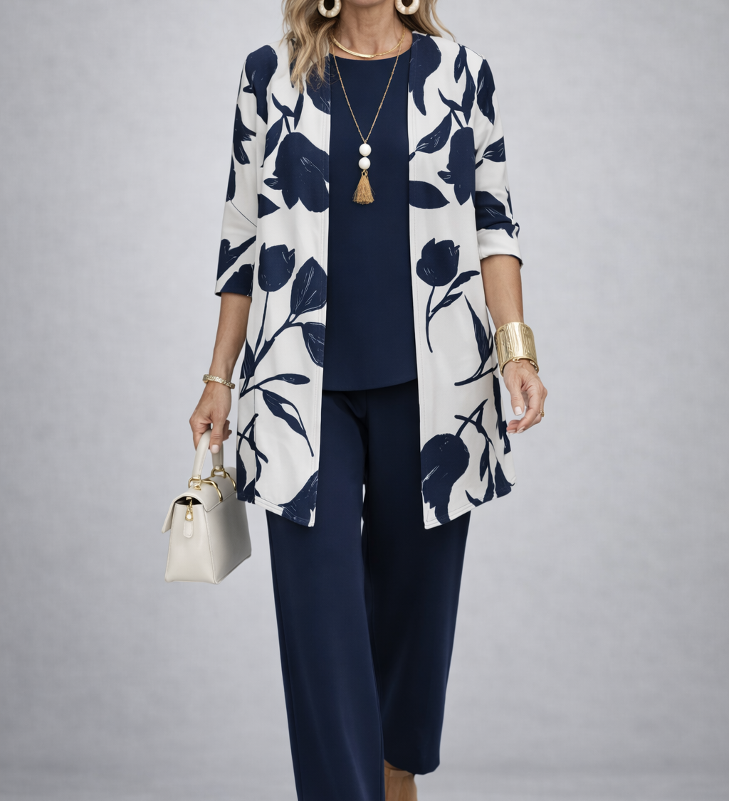 Evania 3-piece set: navy floral blazer, navy camisole, navy wide-leg pants