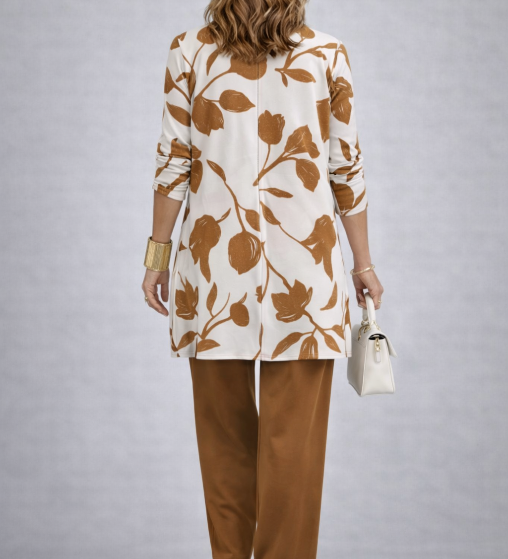 Leaf print cardigan and brown trousers, back view of 3-piece set
