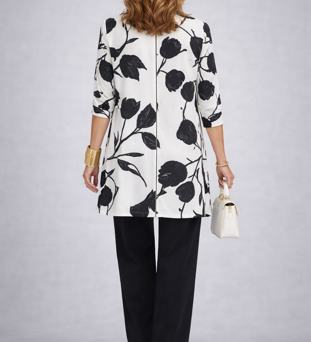 Three-piece outfit set: black floral kimono jacket, black top, black trousers, back view