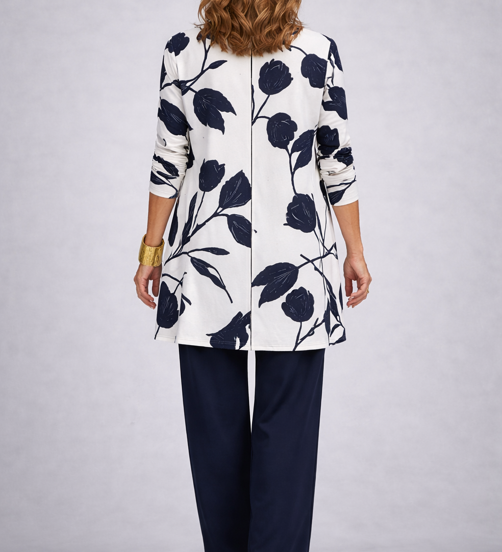 Evania 3-piece set: back view blazer with navy floral print over navy pants