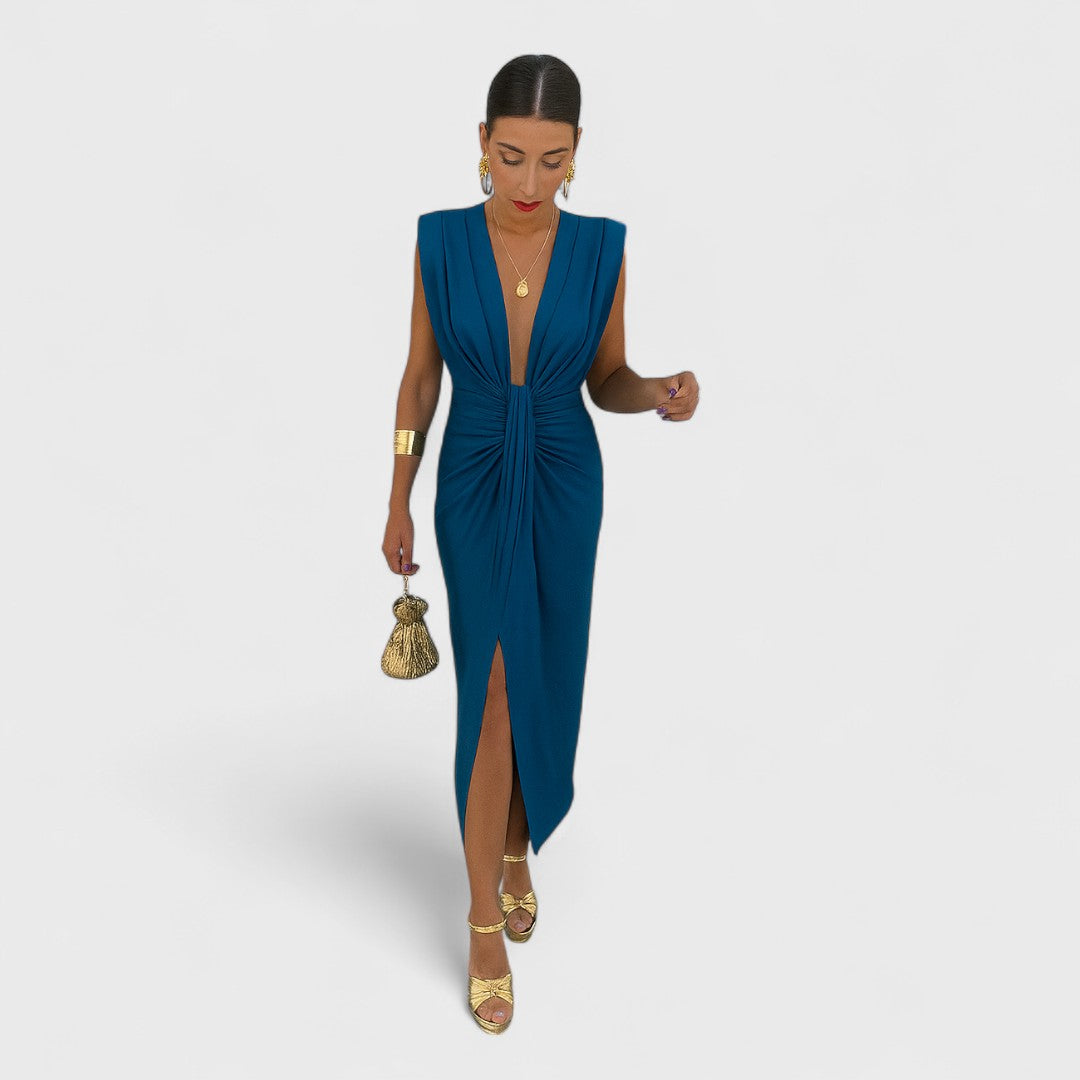 Sleeveless knot-front V-neck midi dress, deep blue with side slit