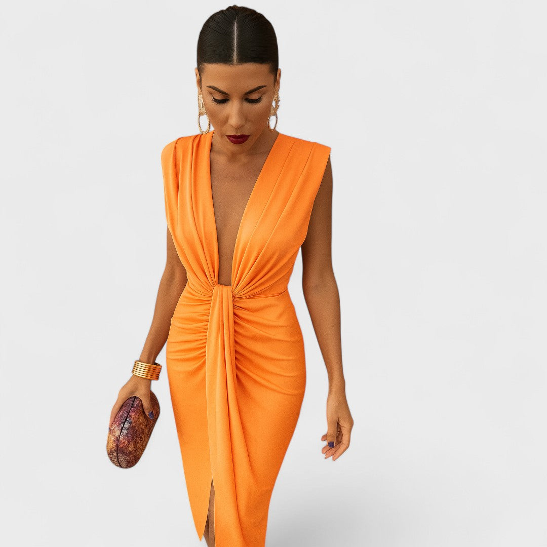 Sleeveless knot-front V-neck midi dress, orange with side slit