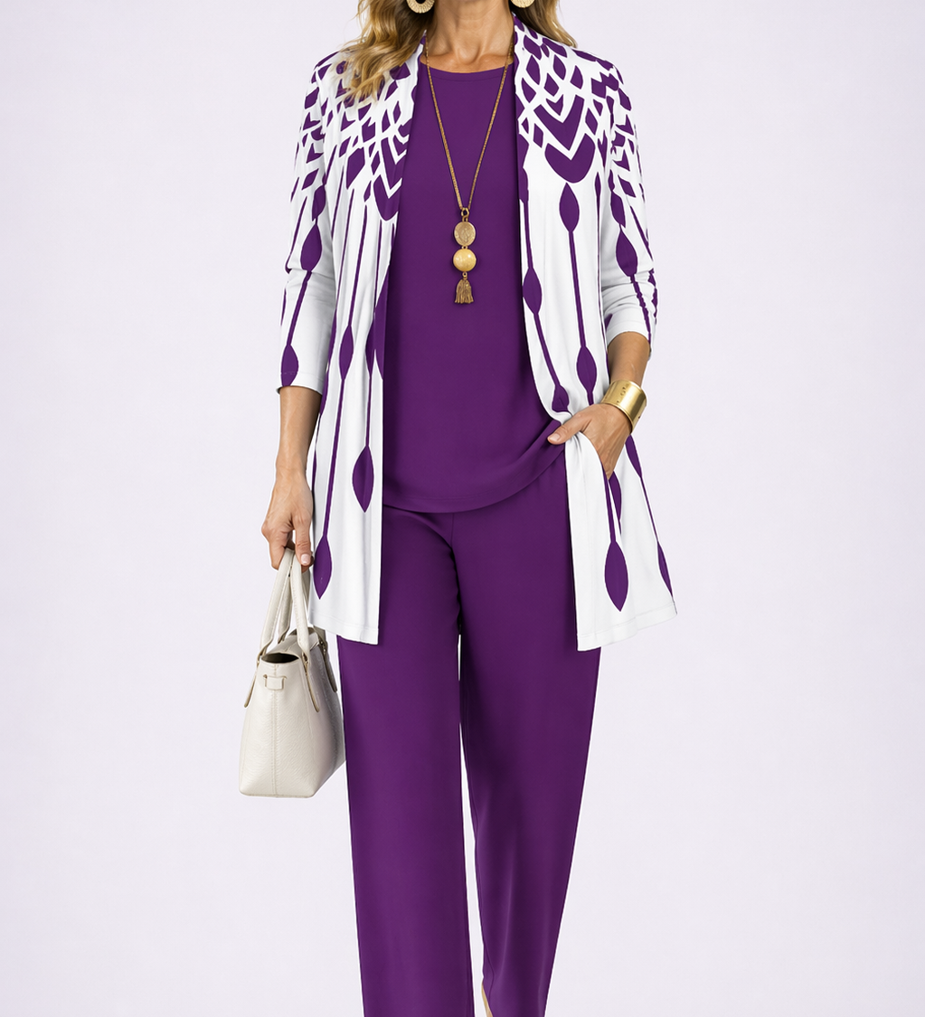 Women's 3-piece set: patterned white-and-lilac open-front cardigan over purple tunic and trousers