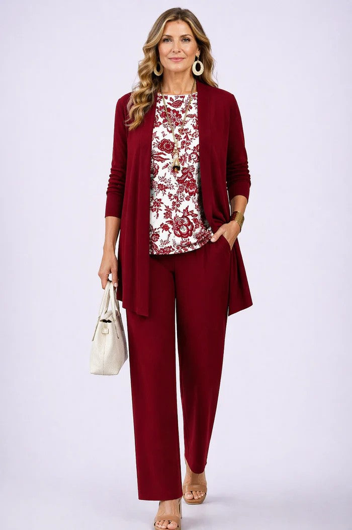 3-piece outfit set in deep burgundy: long cardigan, floral-print top, and straight pants