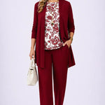 3-piece outfit set in deep burgundy: long cardigan, floral-print top, and straight pants