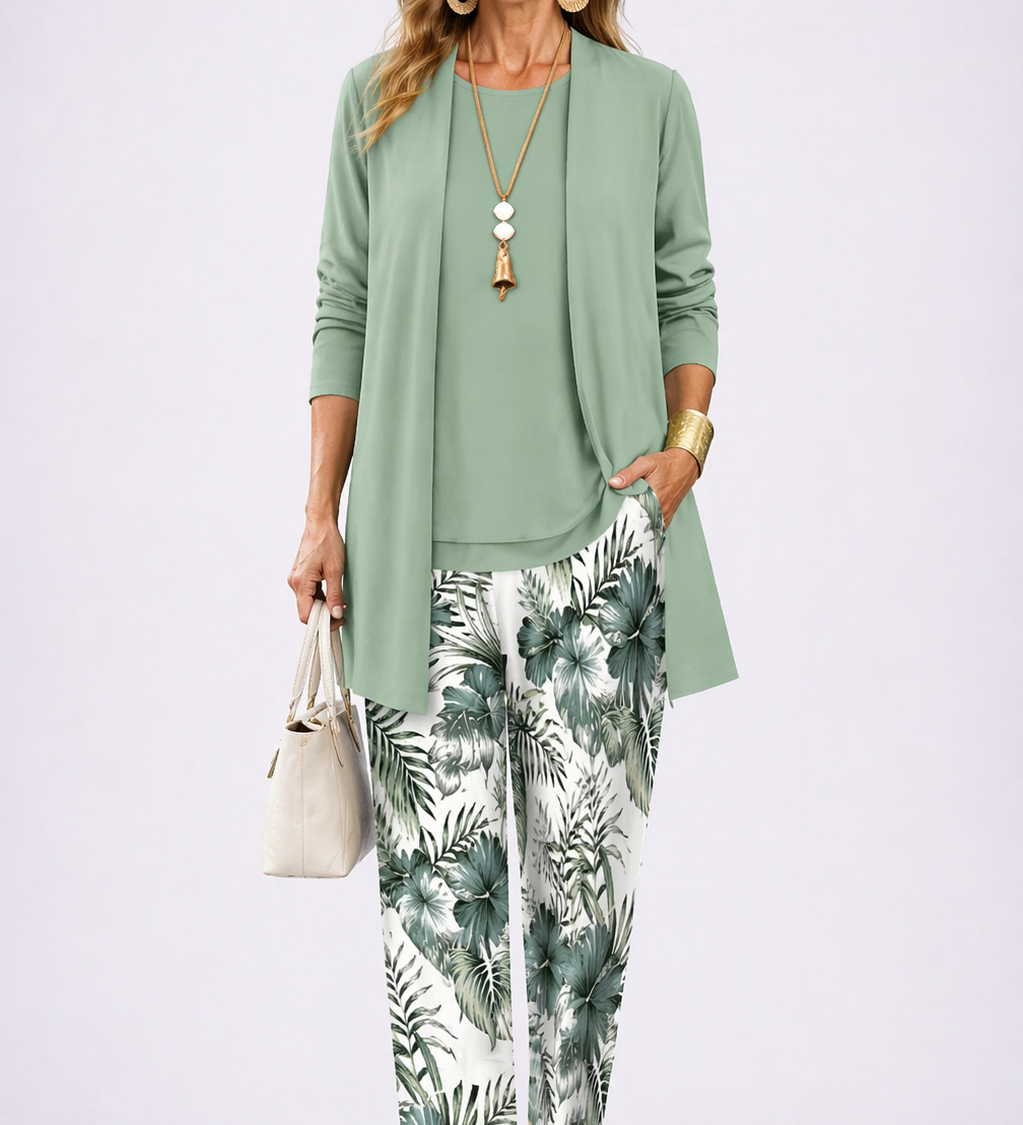 3-piece outfit set with sage green cardigan and leaf-print pants