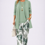 3-piece outfit set with sage green cardigan and leaf-print pants