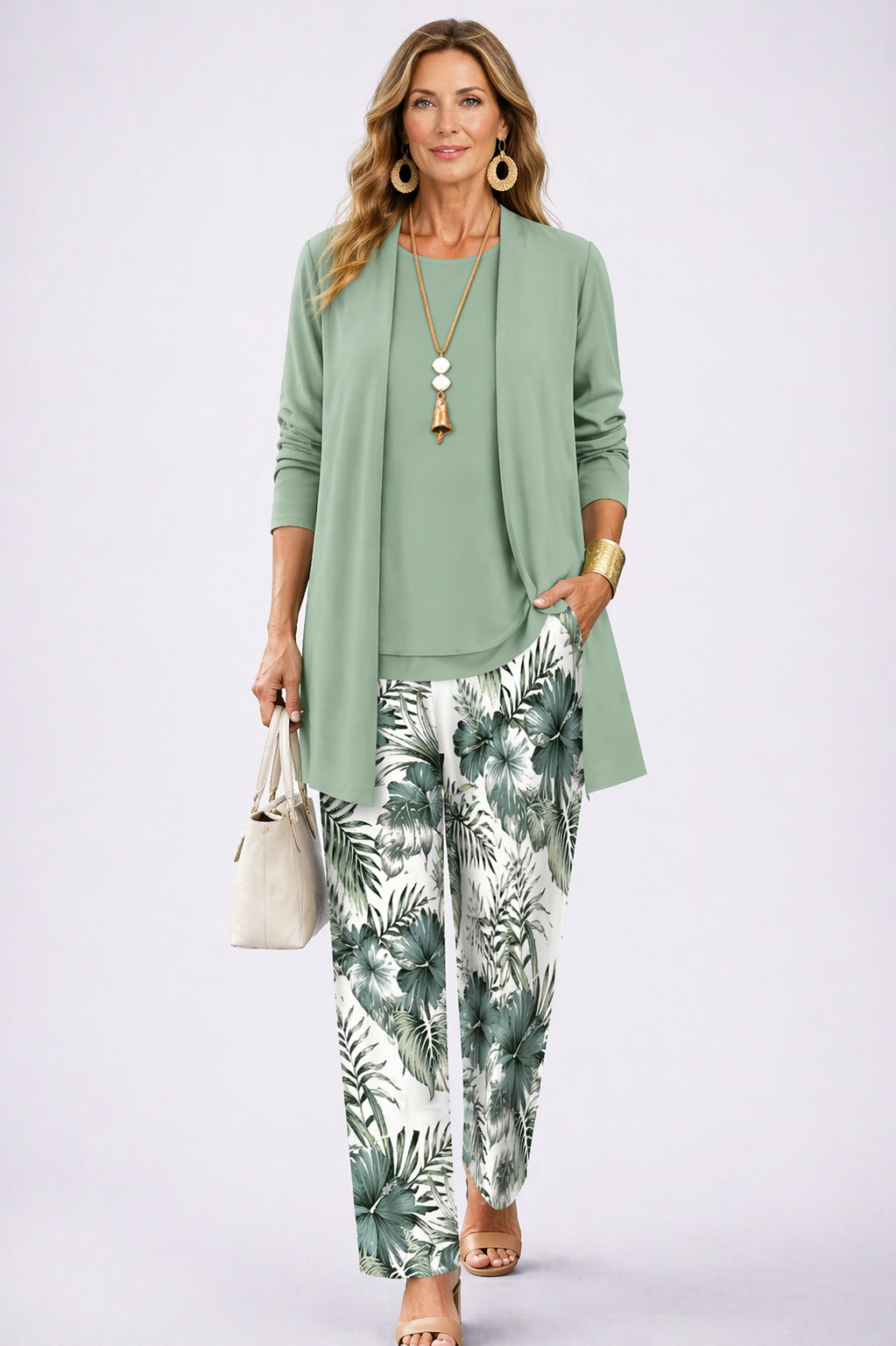 3-piece outfit set with sage green cardigan and leaf-print pants