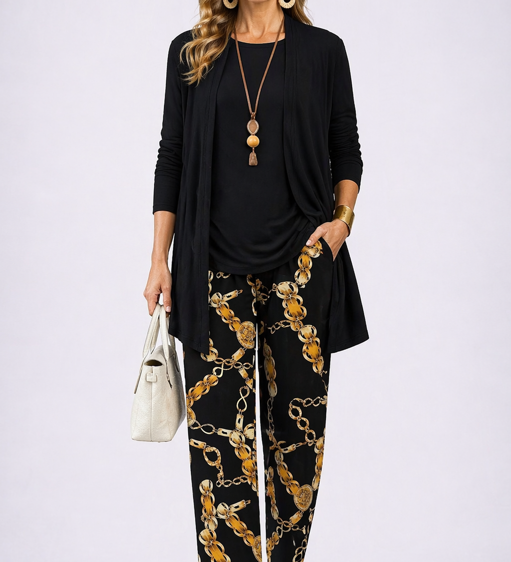 Judith black 3-piece set: open-front cardigan, top, and gold chain printed pants
